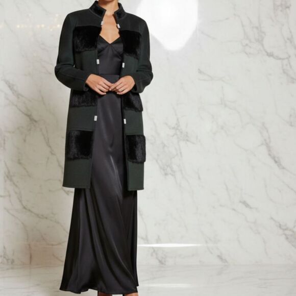 Elie Tahari Jackets & Blazers - Elie Tahari Hilary Green Wool Coat with Rabbit Fur Panels